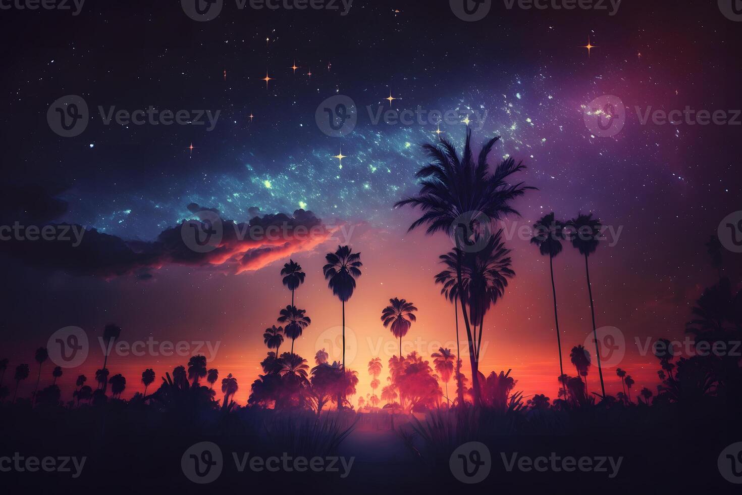 Fantasy futuristic night landscape with palm trees. Neural network art photo