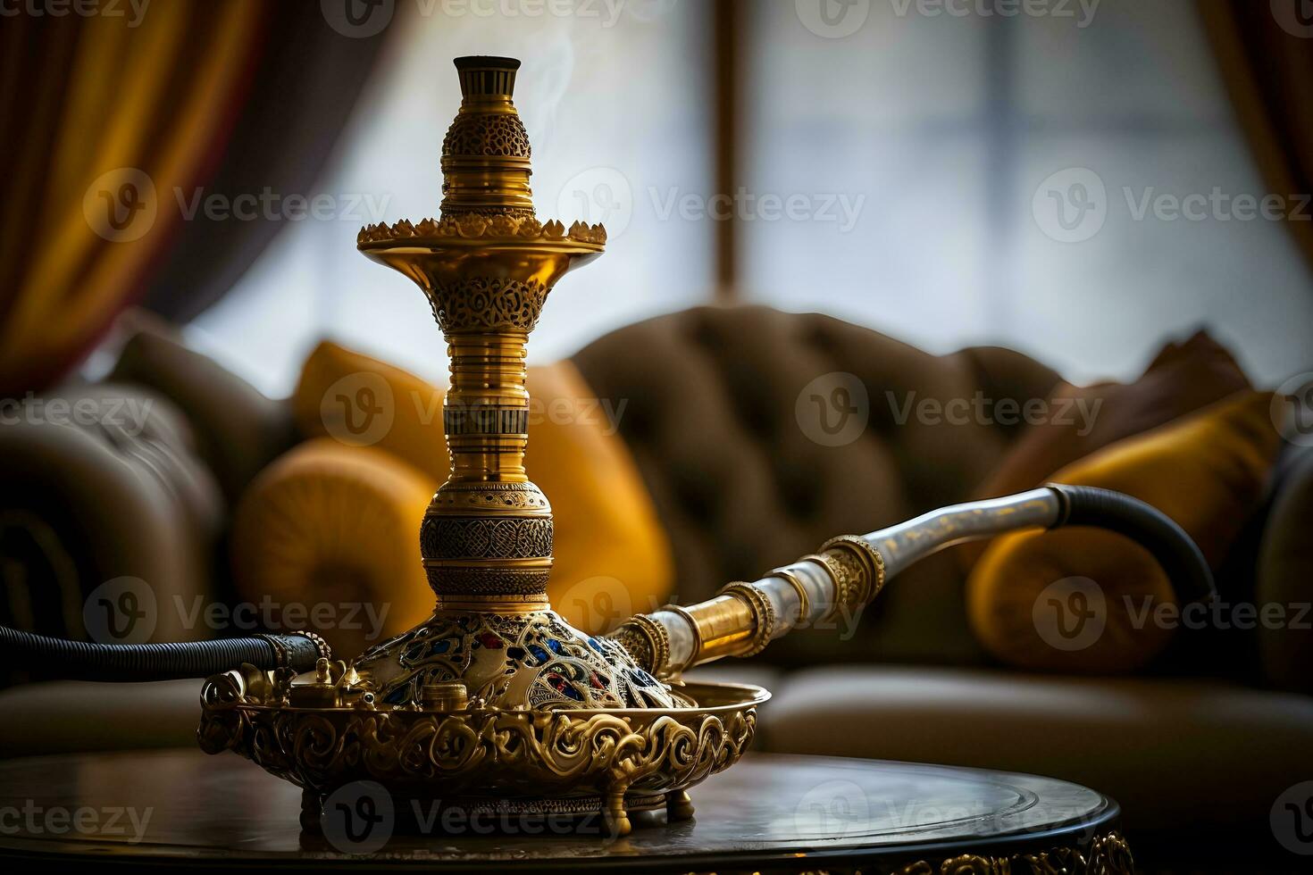 hookah in oriental interior, arabic restaurant. Neural network generated art photo