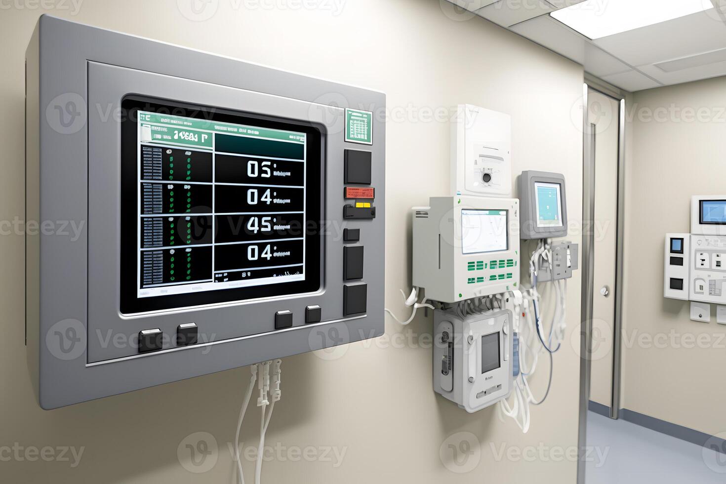 Interior of operating room in modern clinic with computer equipment. Neural network photo