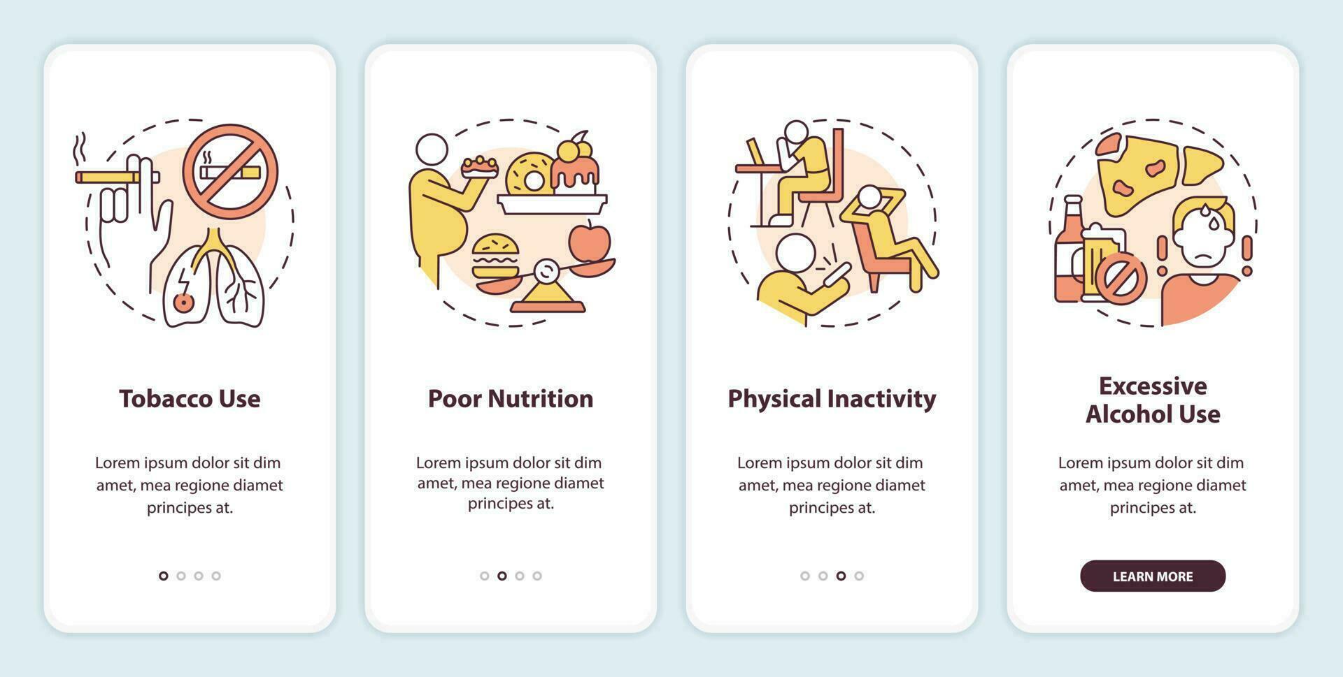 Chronic disease risk factors onboarding mobile app screen. Walkthrough 4 steps editable graphic instructions with linear concepts. UI, UX, GUI template vector