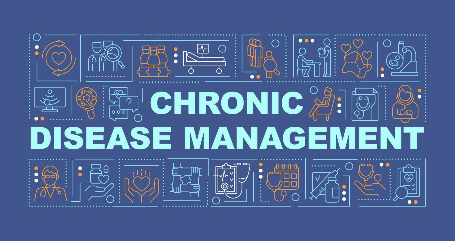 Chronic care management word concepts dark blue banner. Infographics with editable icons on color background. Isolated typography. Vector illustration with text