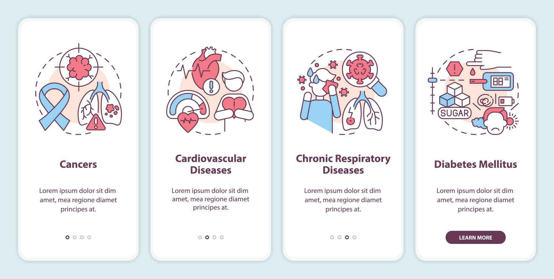 Chronic diseases major groups onboarding mobile app screen. Walkthrough 4 steps editable graphic instructions with linear concepts. UI, UX, GUI template vector