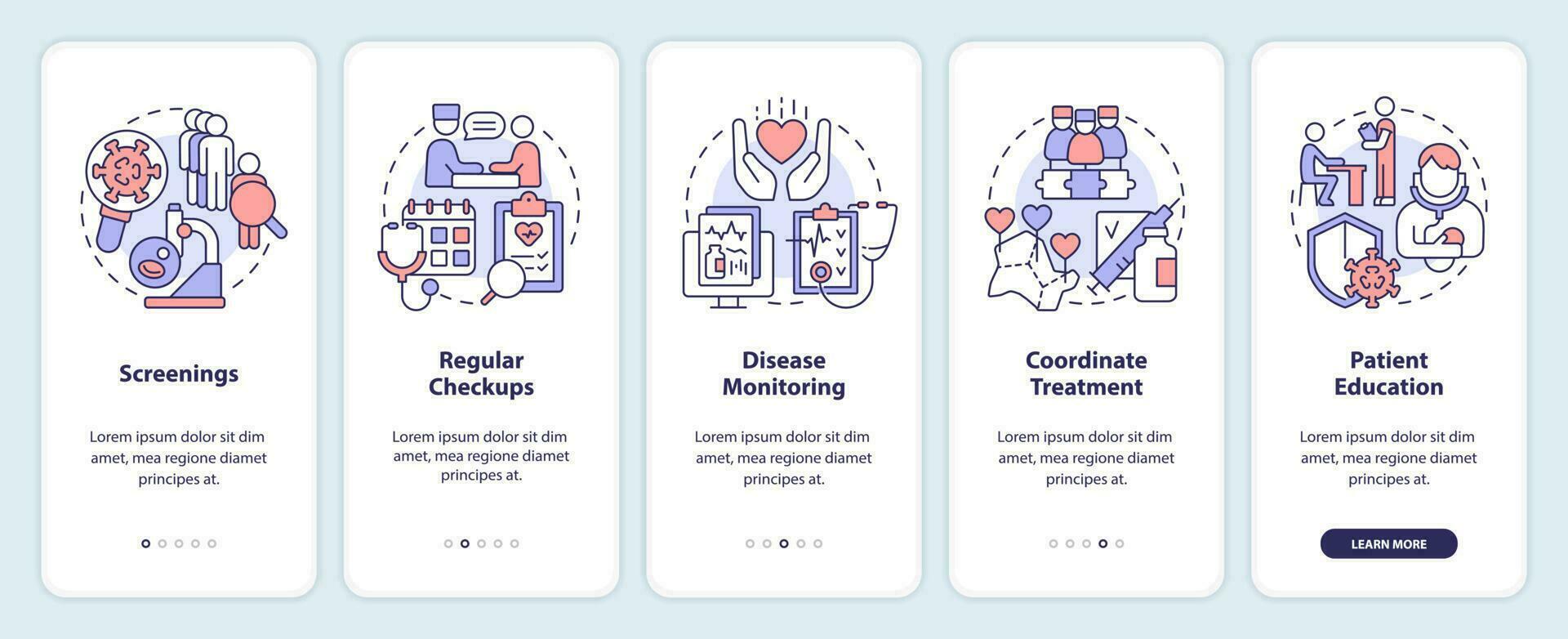 Chronic disease management approach onboarding mobile app screen. Walkthrough 5 steps editable graphic instructions with linear concepts. UI, UX, GUI template vector