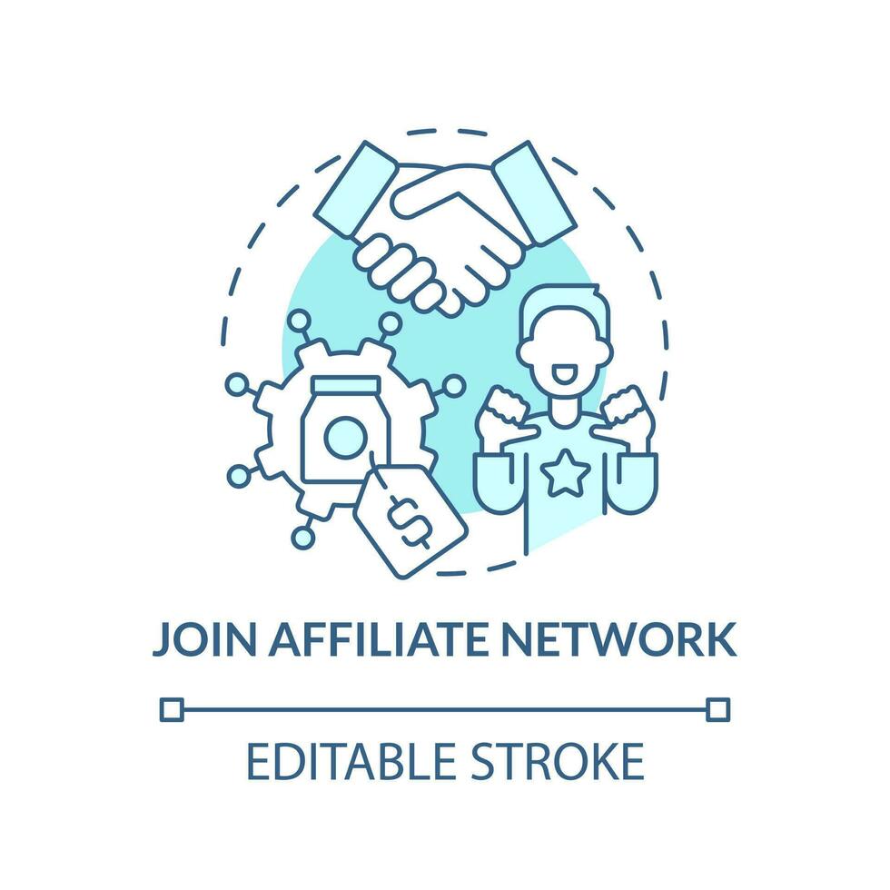 Join affiliate network turquoise concept icon. Cooperation. Become merchant abstract idea thin line illustration. Isolated outline drawing. Editable stroke vector