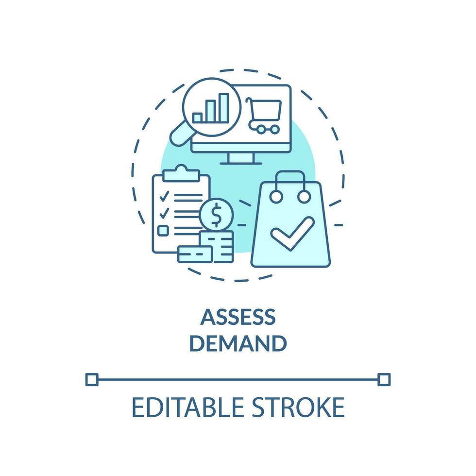 Assess demand turquoise concept icon. Search trends. Select affiliate marketing niche abstract idea thin line illustration. Isolated outline drawing. Editable stroke vector