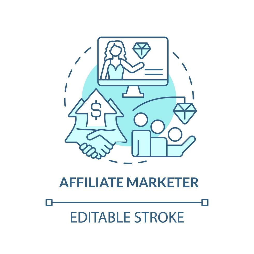 Affiliate marketer turquoise concept icon. Party in performance marketing abstract idea thin line illustration. Isolated outline drawing. Editable stroke vector