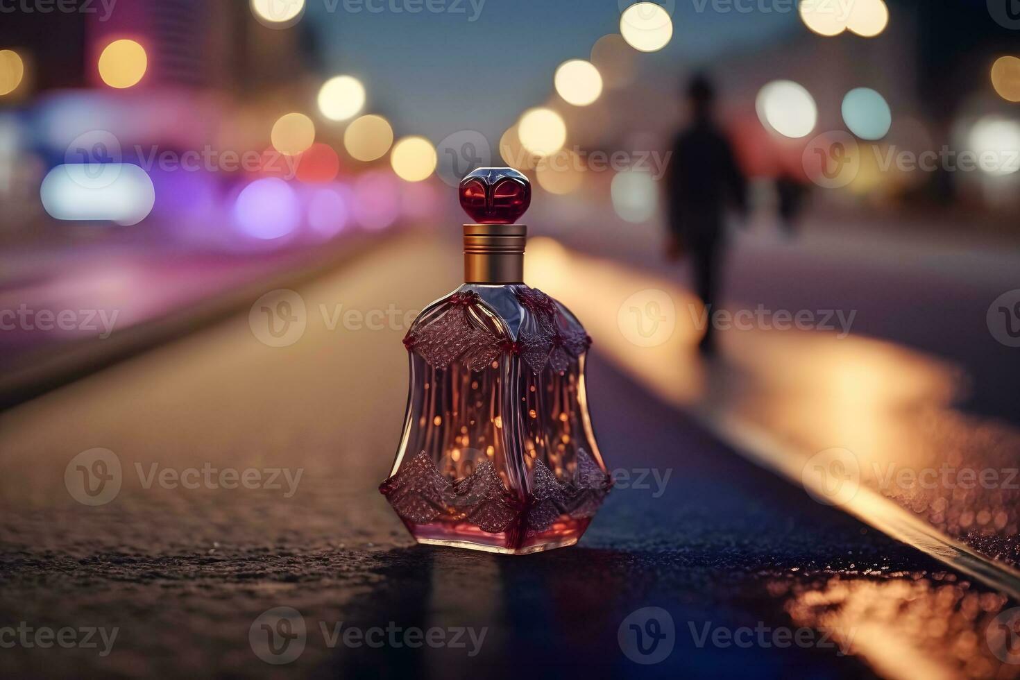 Perfume bottle against the backdrop of night city lights. Neural network generated art photo