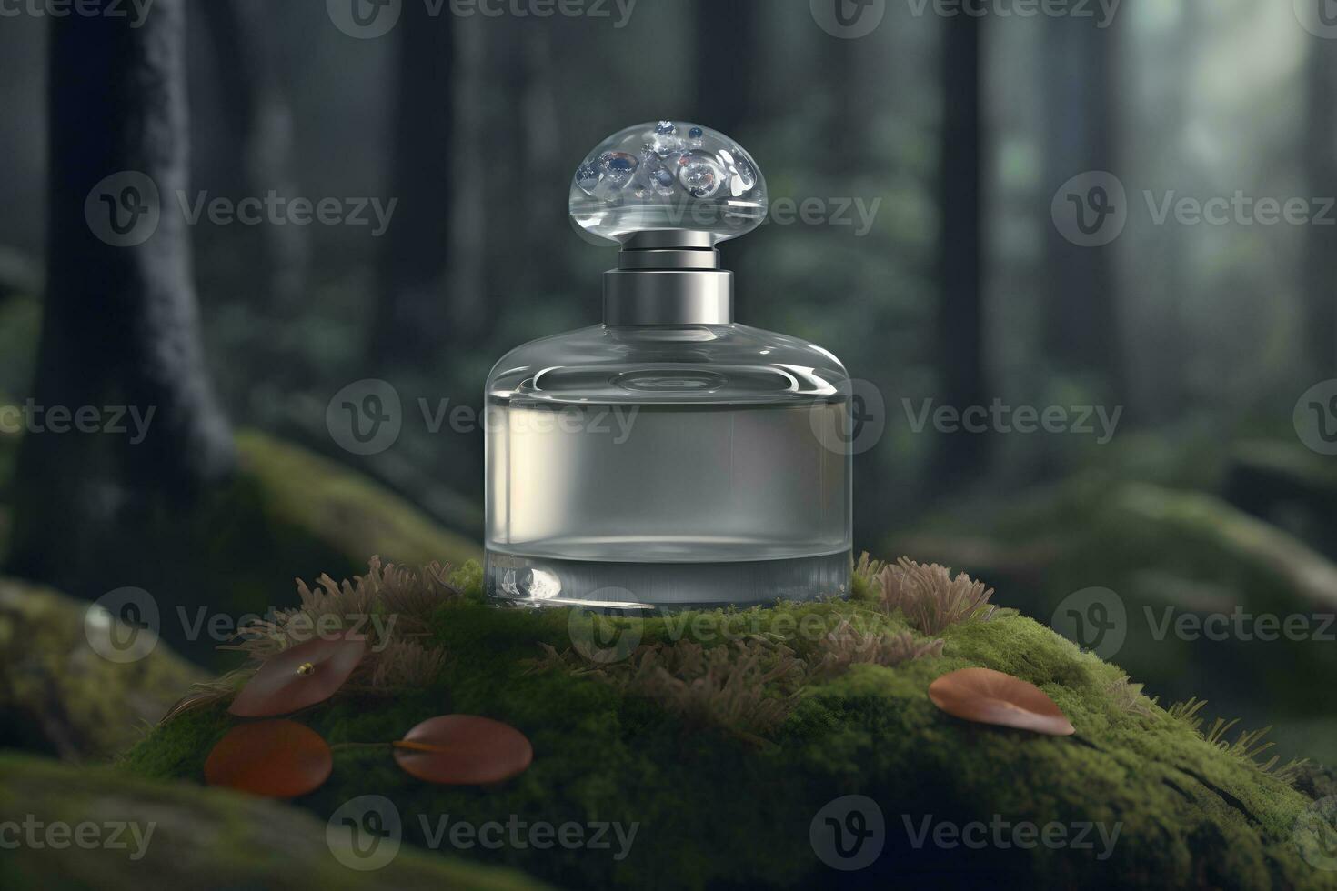 Perfume bottle in a green forest on a mossy substrate. Neural network generated art photo