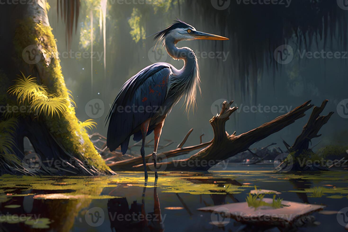 Grey Heron - Ardea cinerea, large common gray heron from lakes and rivers. Neural network photo