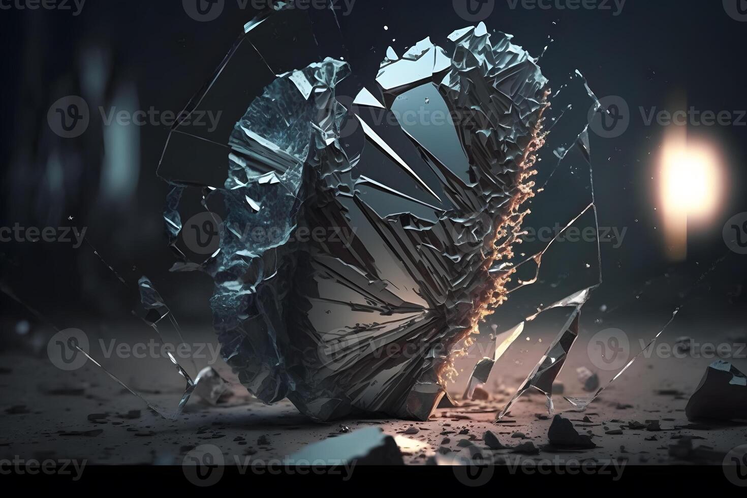 Abstract time freezing image with broken glass figure on dark background. Neural network photo