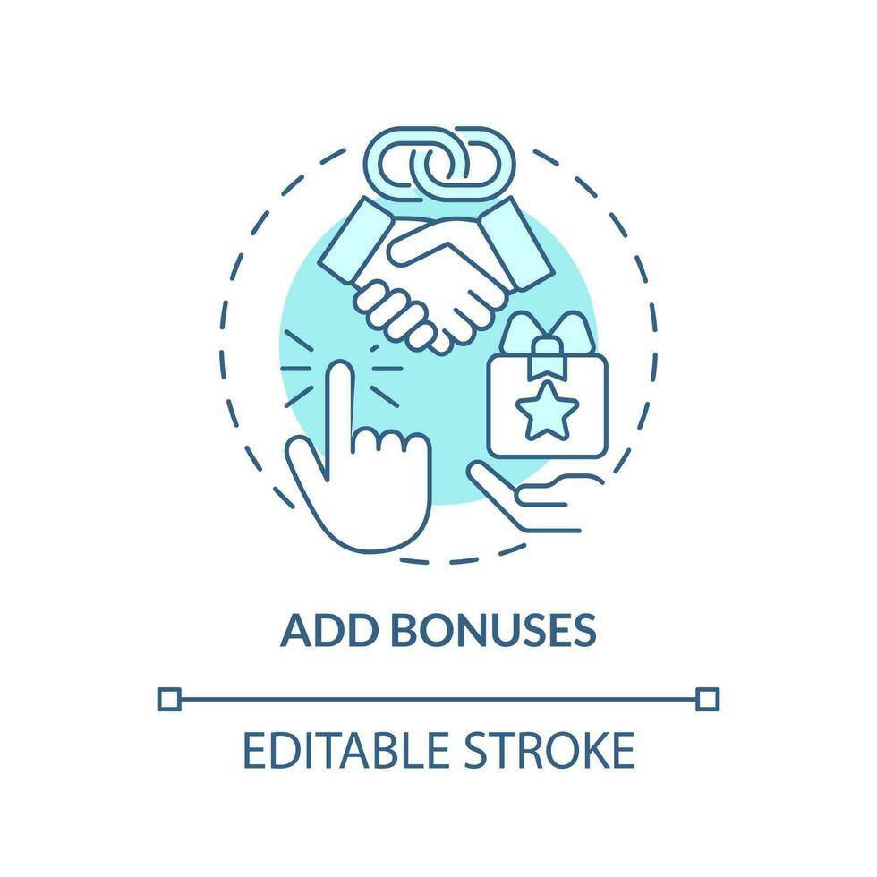 Add bonuses turquoise concept icon. Incentives for customers. Begin affiliate program abstract idea thin line illustration. Isolated outline drawing. Editable stroke vector