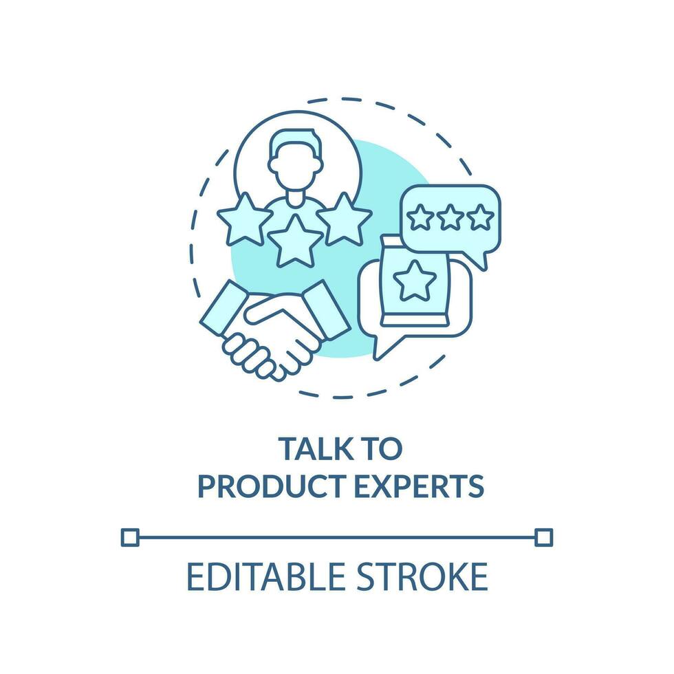 Talk to product experts turquoise concept icon. Get recommendation. Affiliate program abstract idea thin line illustration. Isolated outline drawing. Editable stroke vector