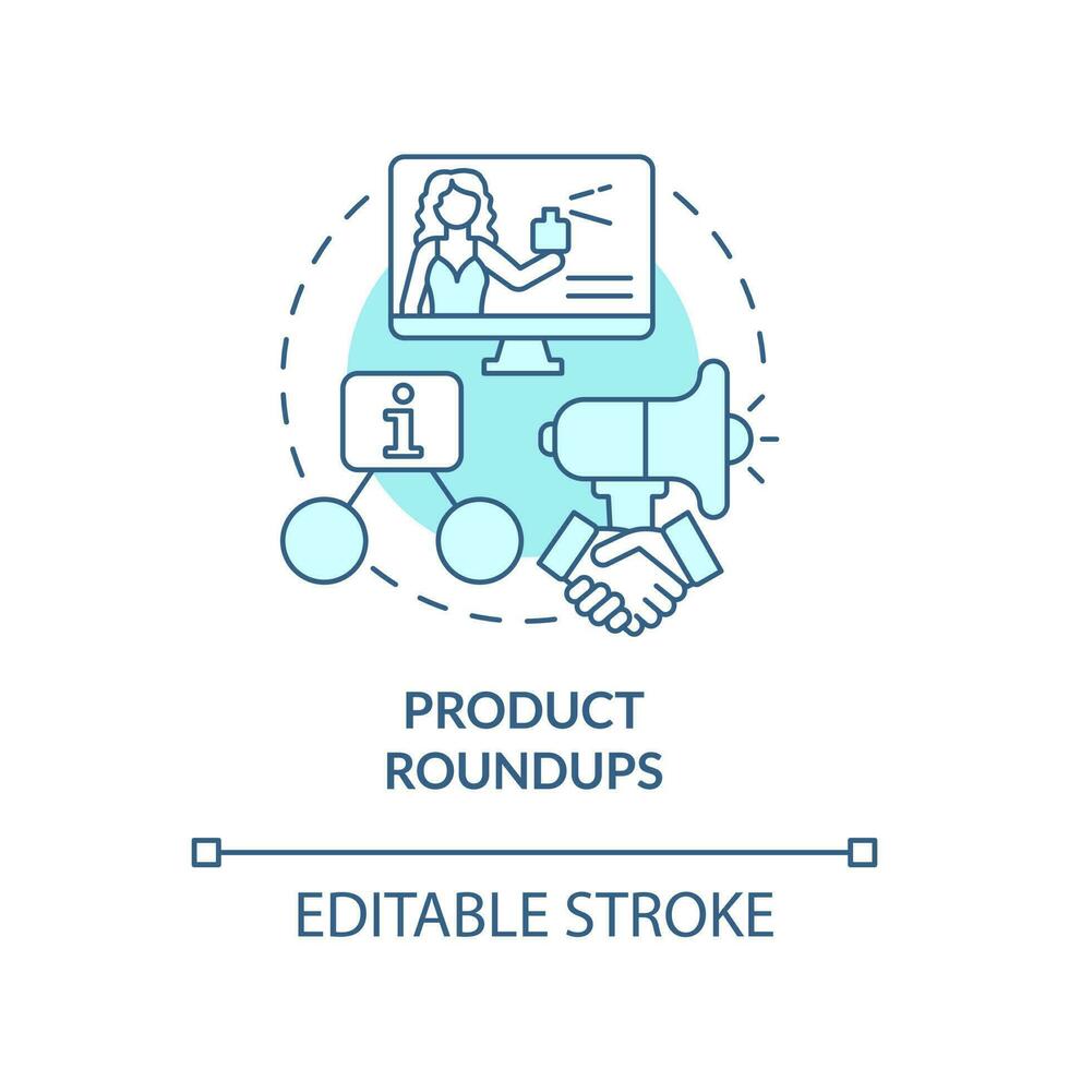 Product roundup turquoise concept icon. Content for affiliate website abstract idea thin line illustration. Isolated outline drawing. Editable stroke vector