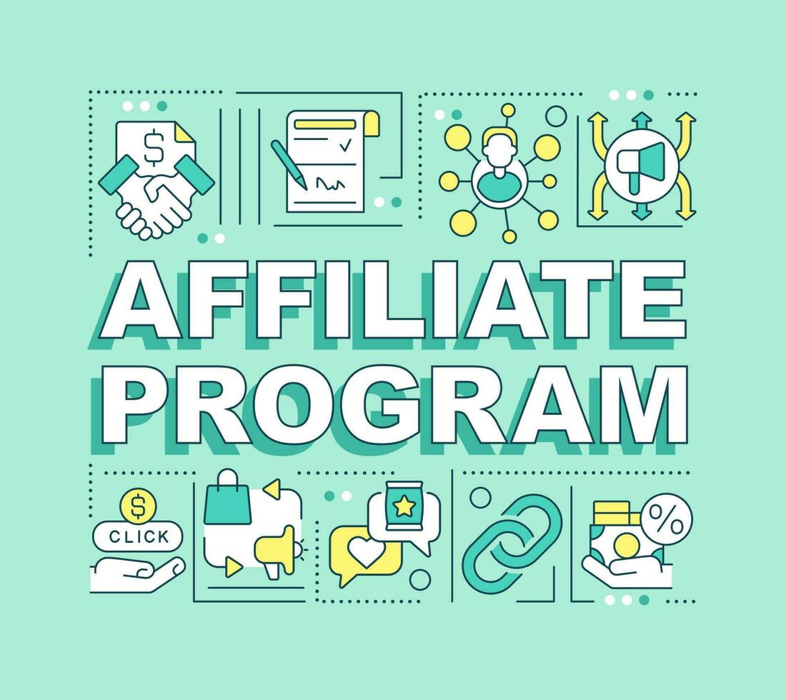 Affiliate program word concepts green banner. Referral marketing. Infographics with editable icons on color background. Isolated typography. Vector illustration with text