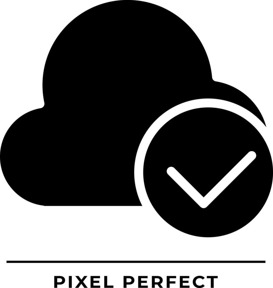 Cloud with check mark black glyph icon. Safe digital data storage. Keep information on internet. Virtual server. Silhouette symbol on white space. Solid pictogram. Vector isolated illustration