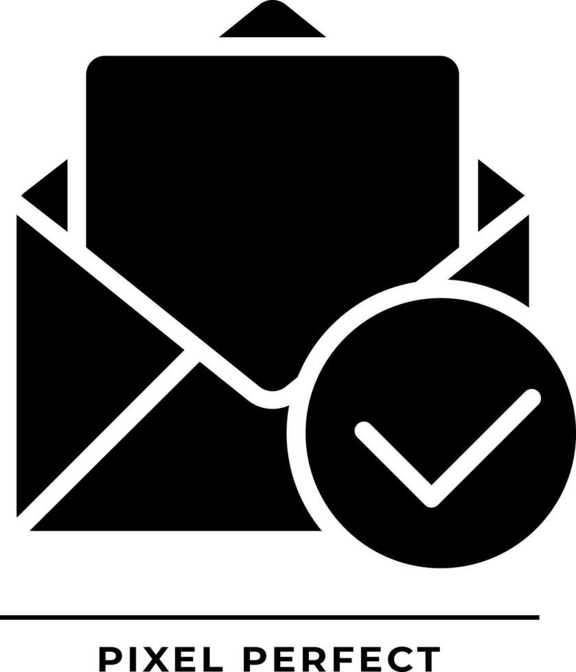 Letter with check mark black glyph icon. Read message symbol. Open envelope with paper and tick. Email communication. Silhouette symbol on white space. Solid pictogram. Vector isolated illustration