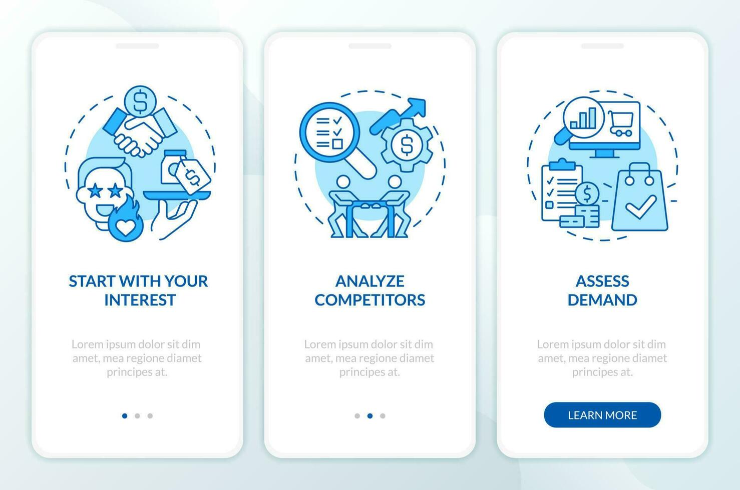 Select affiliate marketing niche blue onboarding mobile app screen. Walkthrough 3 steps editable graphic instructions with linear concepts. UI, UX, GUI template vector