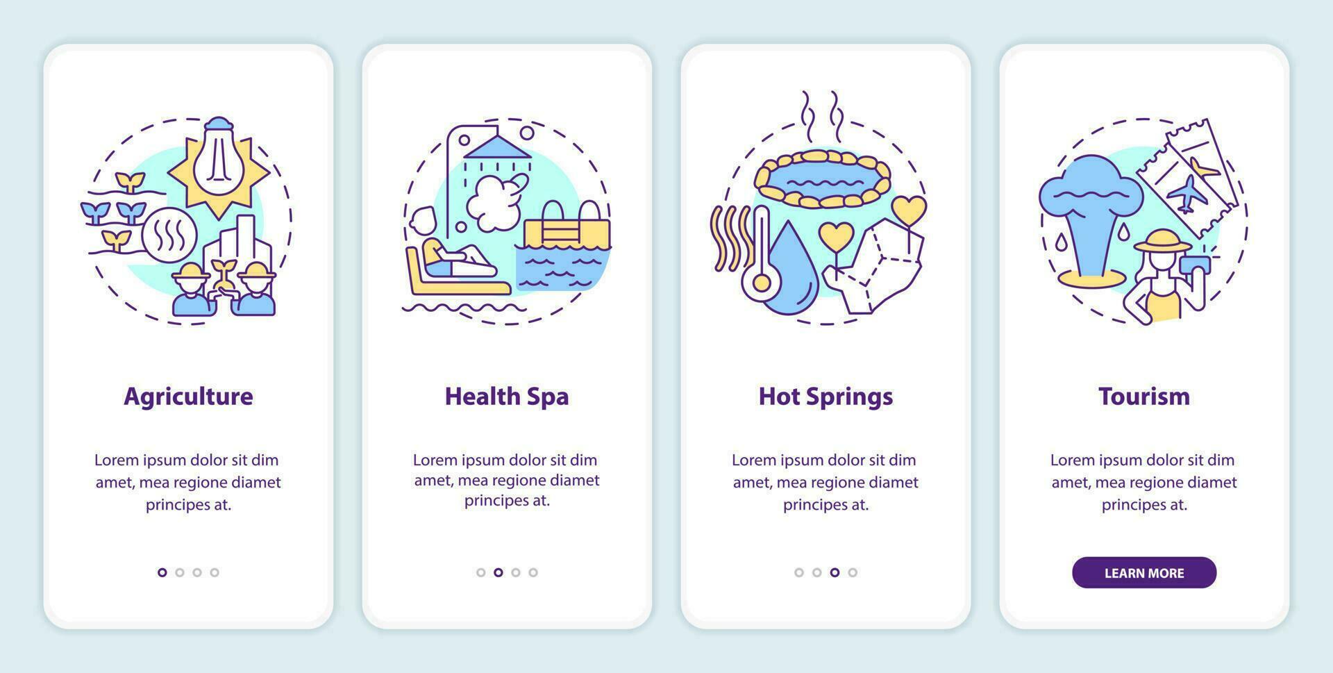 Usage of geothermal energy onboarding mobile app screen. Walkthrough 4 steps editable graphic instructions with linear concepts. UI, UX, GUI template vector