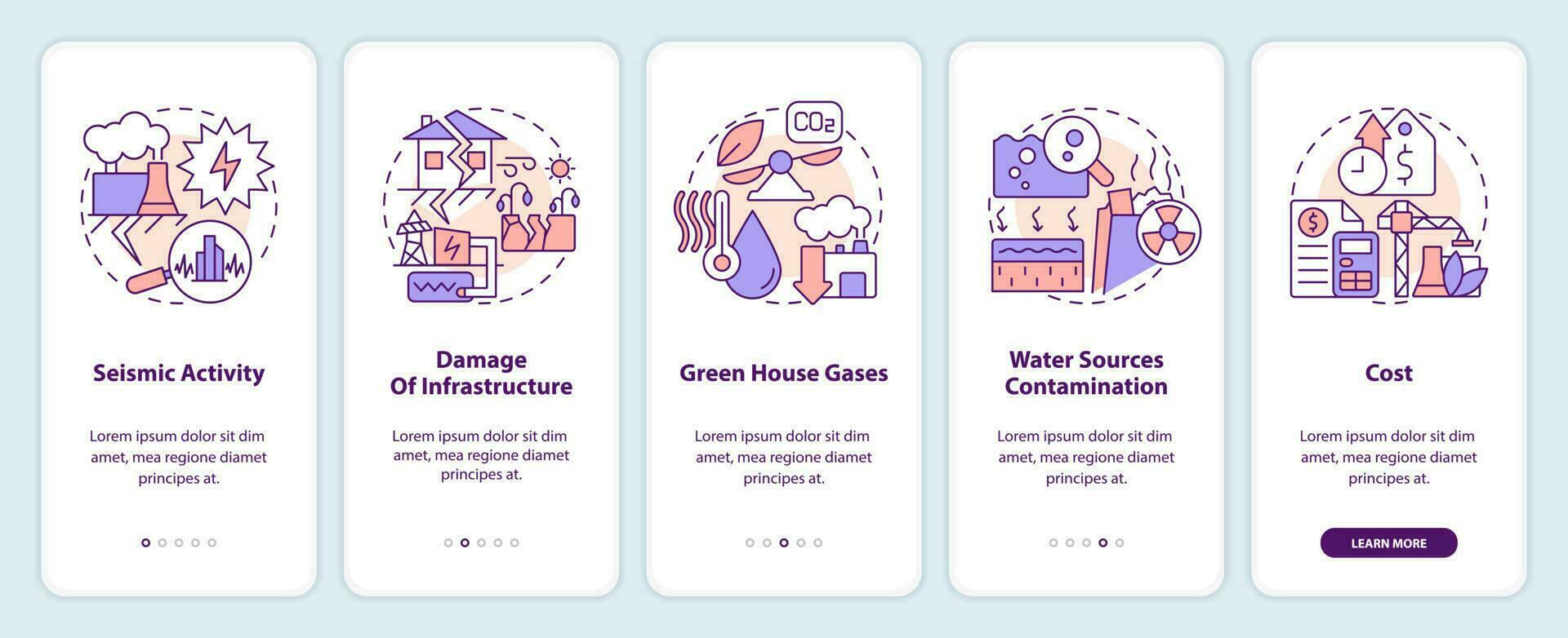 Using geothermal energy disadvantages onboarding mobile app screen. Walkthrough 5 steps editable graphic instructions with linear concepts. UI, UX, GUI template vector