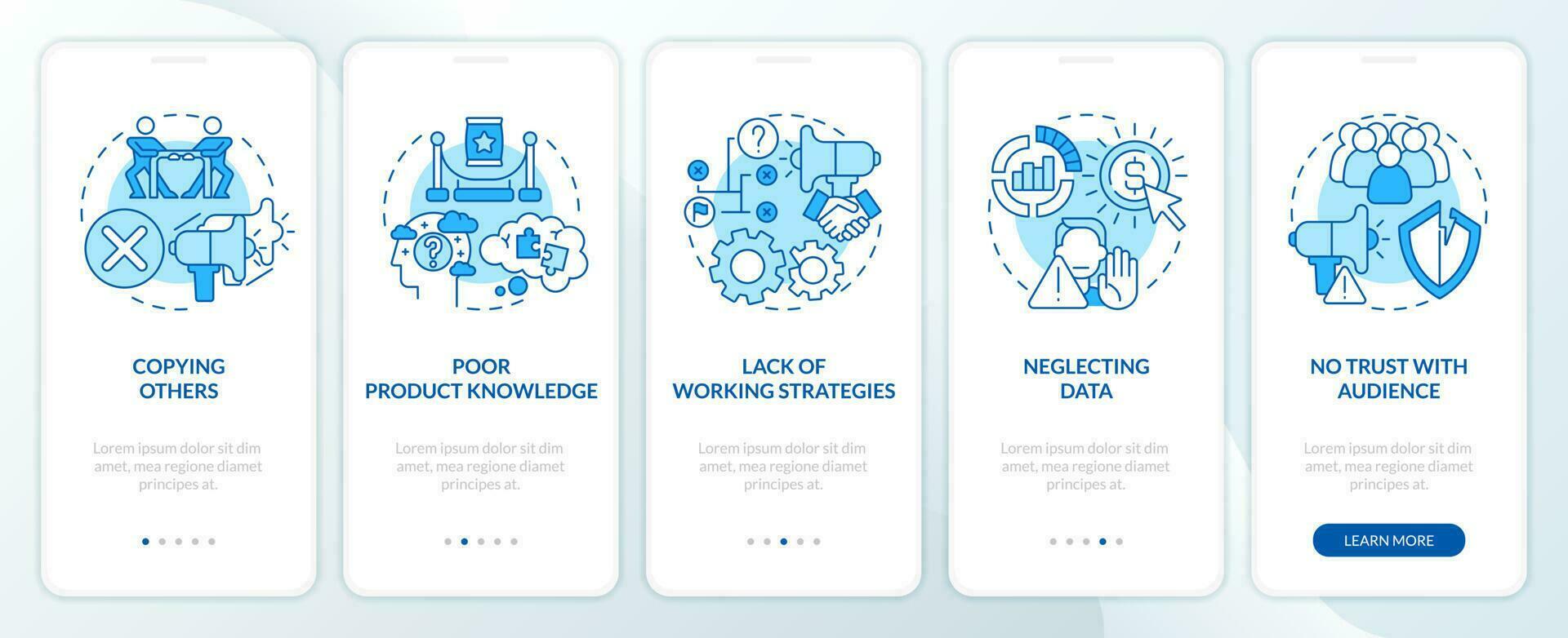 Affiliate marketer mistakes blue onboarding mobile app screen. Walkthrough 5 steps editable graphic instructions with linear concepts. UI, UX, GUI template vector