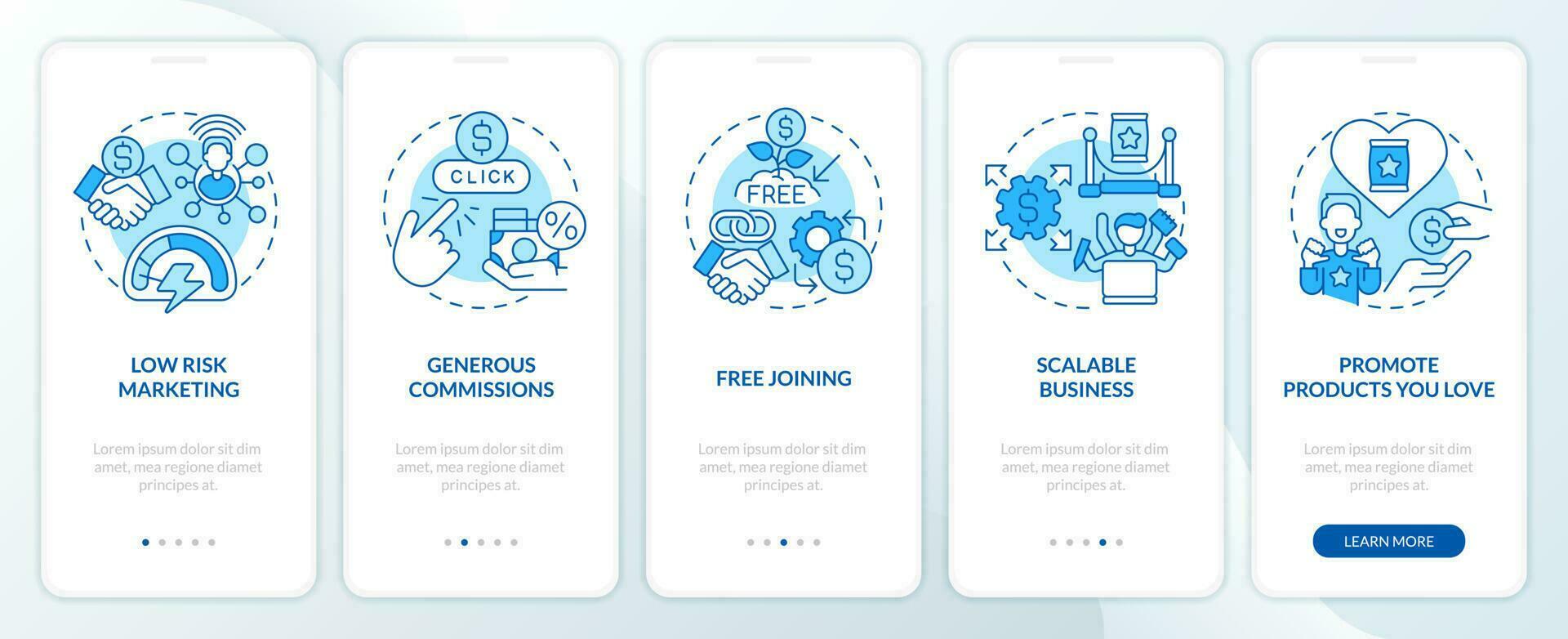 Affiliate marketer benefits blue onboarding mobile app screen. Walkthrough 5 steps editable graphic instructions with linear concepts. UI, UX, GUI template vector