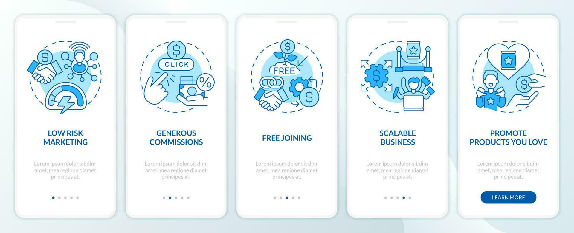 afiliado vendedor beneficios azul inducción móvil aplicación pantalla. recorrido 5 5 pasos editable gráfico instrucciones con lineal conceptos. ui, ux, gui modelo vector
