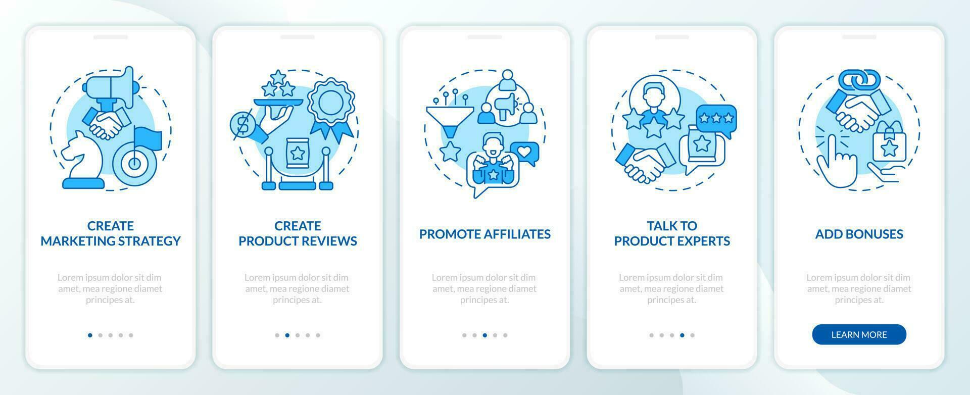 Begin affiliate program blue onboarding mobile app screen. Business walkthrough 5 steps editable graphic instructions with linear concepts. UI, UX, GUI template vector