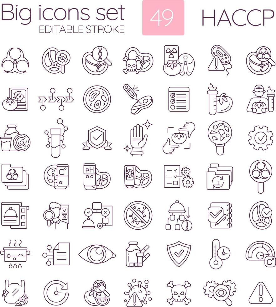 HACCP linear icons set. System of food quality control. Products manufacturing safety. Hazard prevention. Customizable thin line symbols. Isolated vector outline illustrations. Editable stroke