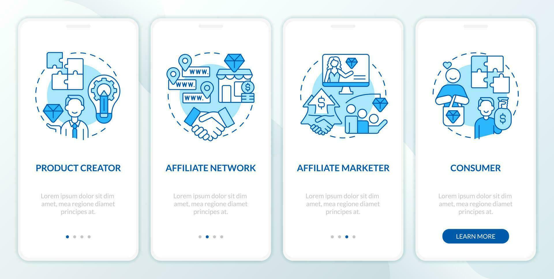 Parties in affiliate marketing blue onboarding mobile app screen. Walkthrough 4 steps editable graphic instructions with linear concepts. UI, UX, GUI template vector