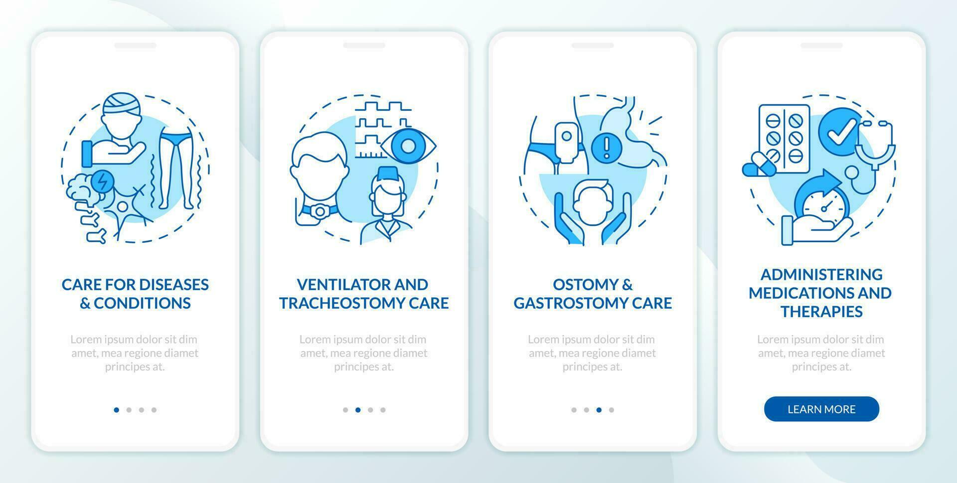 Private duty nursing care blue onboarding mobile app screen. Walkthrough 4 steps editable graphic instructions with linear concepts. UI, UX, GUI template vector