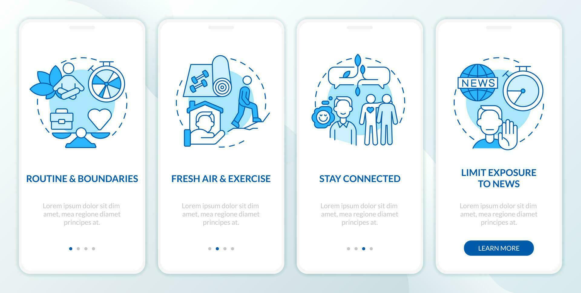 Remote workplace wellbeing tips blue onboarding mobile app screen. Walkthrough 4 steps editable graphic instructions with linear concepts. UI, UX, GUI template vector