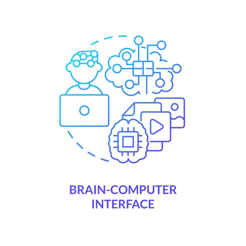 Brain computer interface blue gradient concept icon. Control processes. Metaverse technology abstract idea thin line illustration. Isolated outline drawing vector