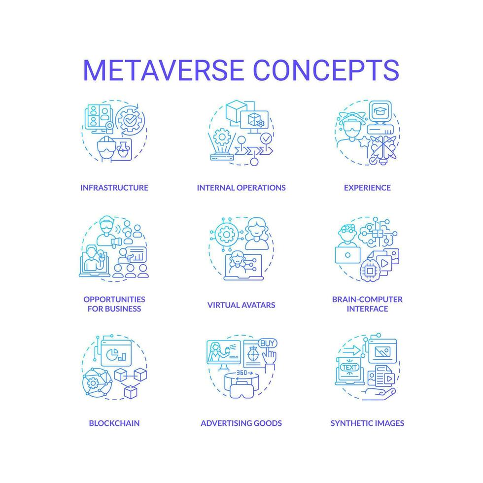 metaverso azul degradado concepto íconos colocar. tecnología de virtual realidad desarrollo idea Delgado línea color ilustraciones. aislado símbolos vector