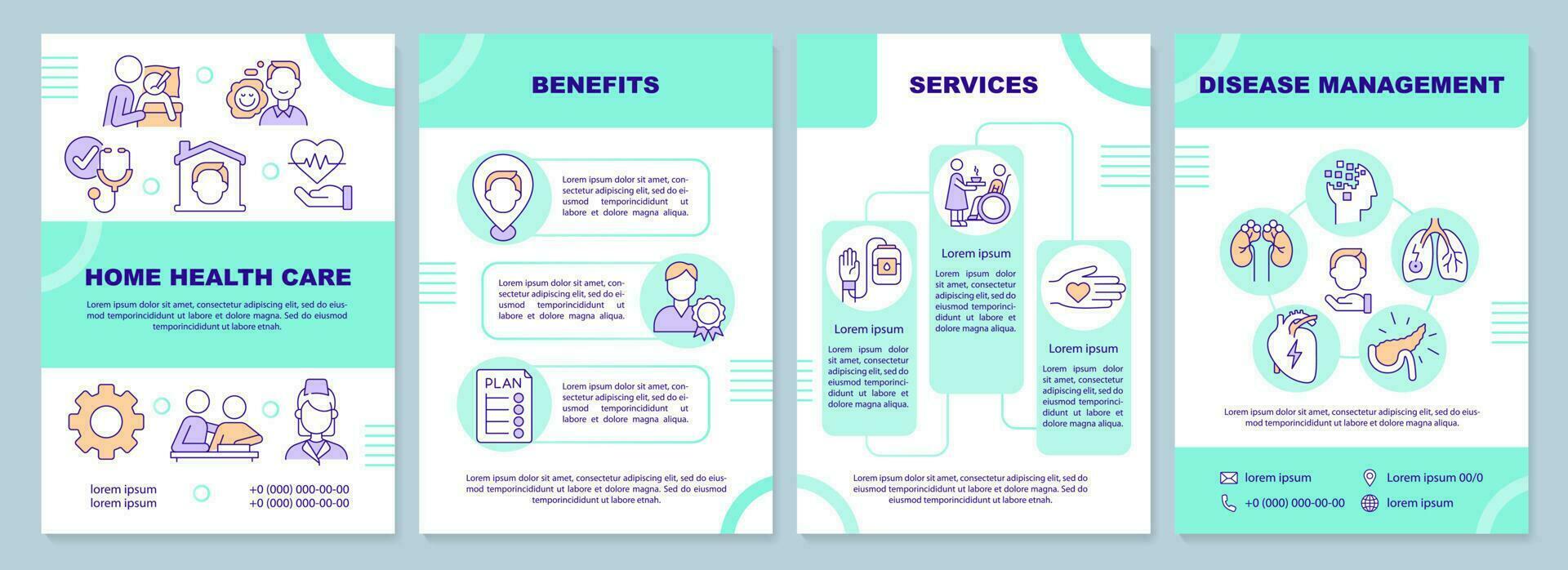Home health care turquoise brochure template. Leaflet design with linear icons. Editable 4 vector layouts for presentation, annual reports