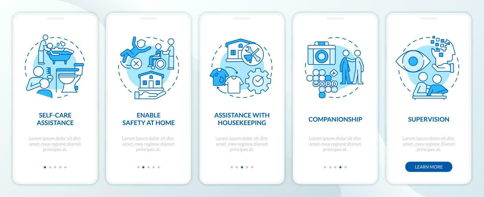 Personal care, assistance services blue onboarding mobile app screen. Walkthrough 5 steps editable graphic instructions with linear concepts. UI, UX, GUI template vector