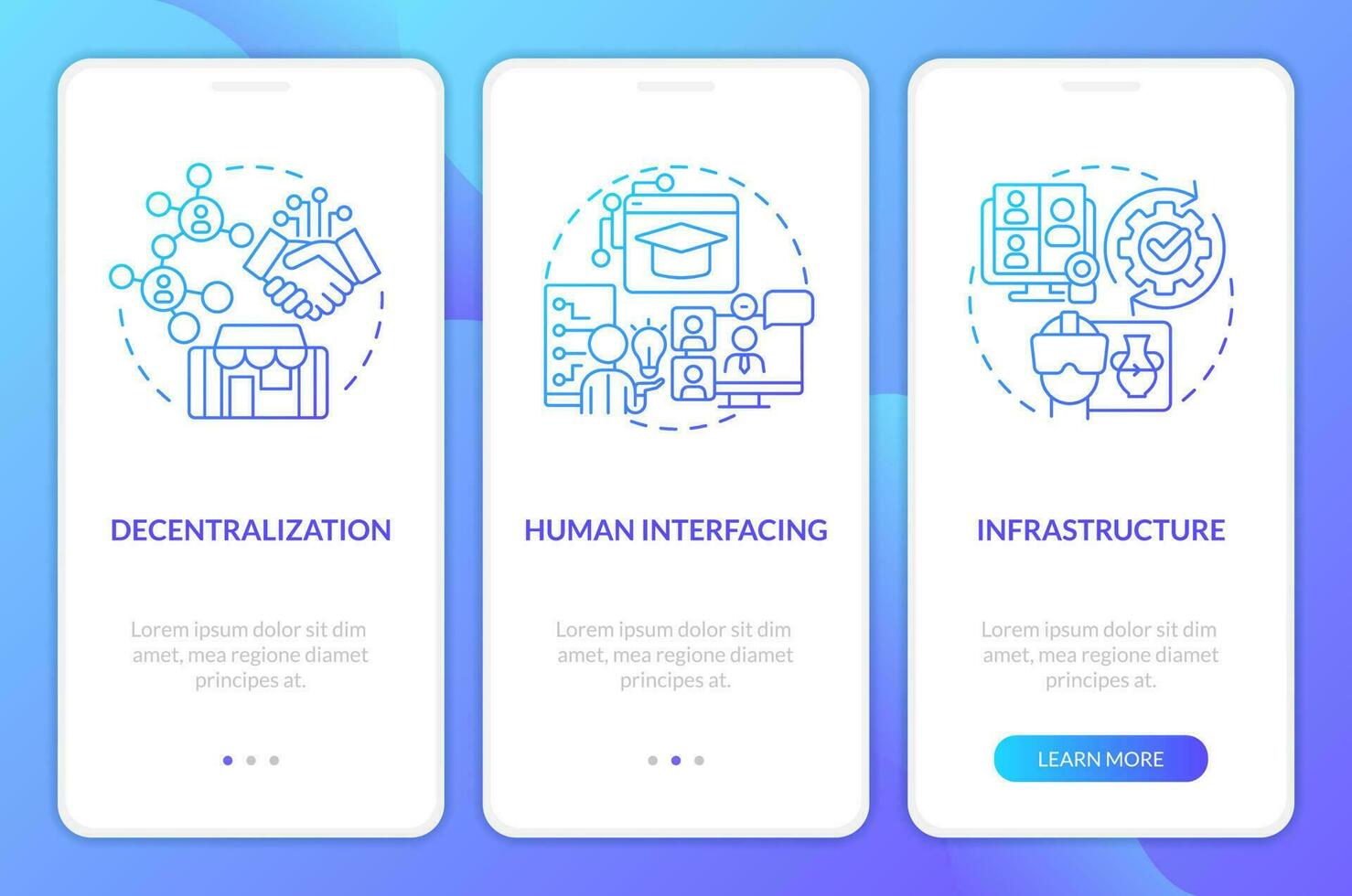 Layers of metaverse blue gradient onboarding mobile app screen. Cyberspace walkthrough 3 steps graphic instructions with linear concepts. UI, UX, GUI template vector