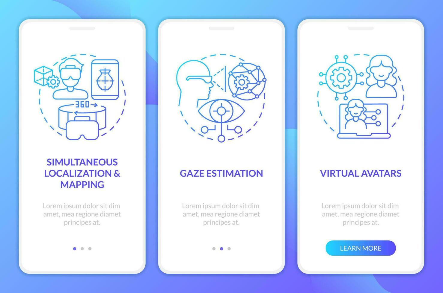 Data solutions for metaverse blue gradient onboarding mobile app screen. Walkthrough 3 steps graphic instructions with linear concepts. UI, UX, GUI template vector