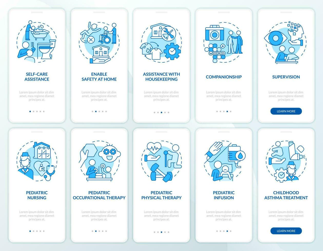 Home healthcare services blue onboarding mobile app screen set. Walkthrough 5 steps editable graphic instructions with linear concepts. UI, UX, GUI template vector