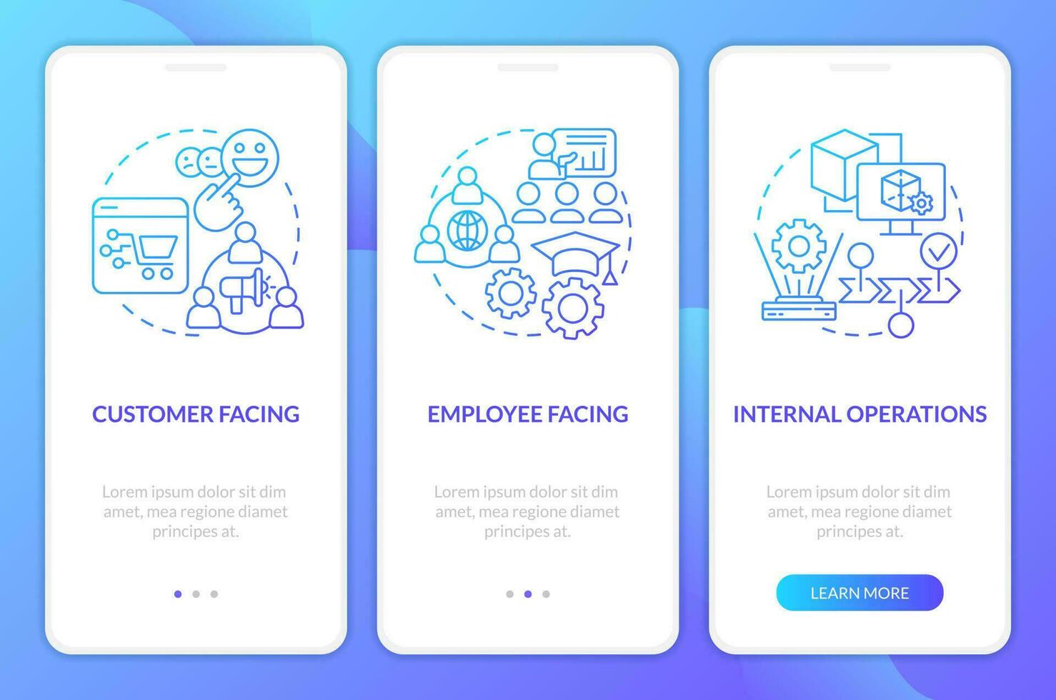 Metaverse categories blue gradient onboarding mobile app screen. VR walkthrough 3 steps graphic instructions with linear concepts. UI, UX, GUI template vector