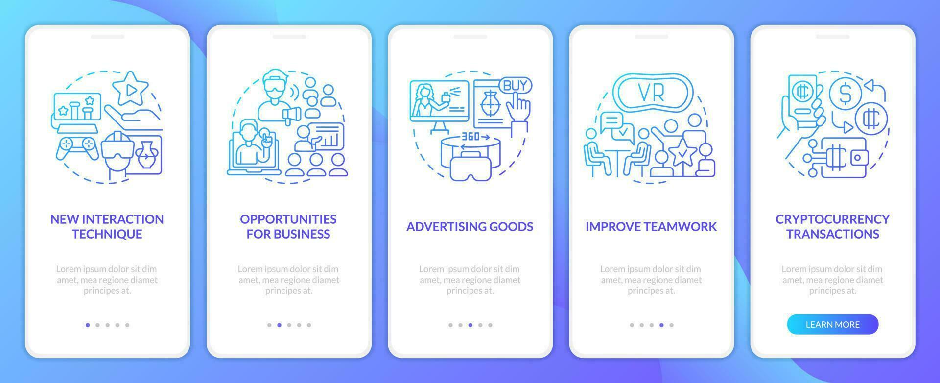 Metaverse importance for business blue gradient onboarding mobile app screen. Walkthrough 5 steps graphic instructions with linear concepts. UI, UX, GUI template vector