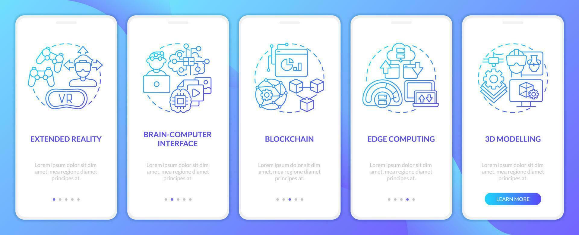 Metaverse technologies blue gradient onboarding mobile app screen. Innovation walkthrough 5 steps graphic instructions with linear concepts. UI, UX, GUI template vector