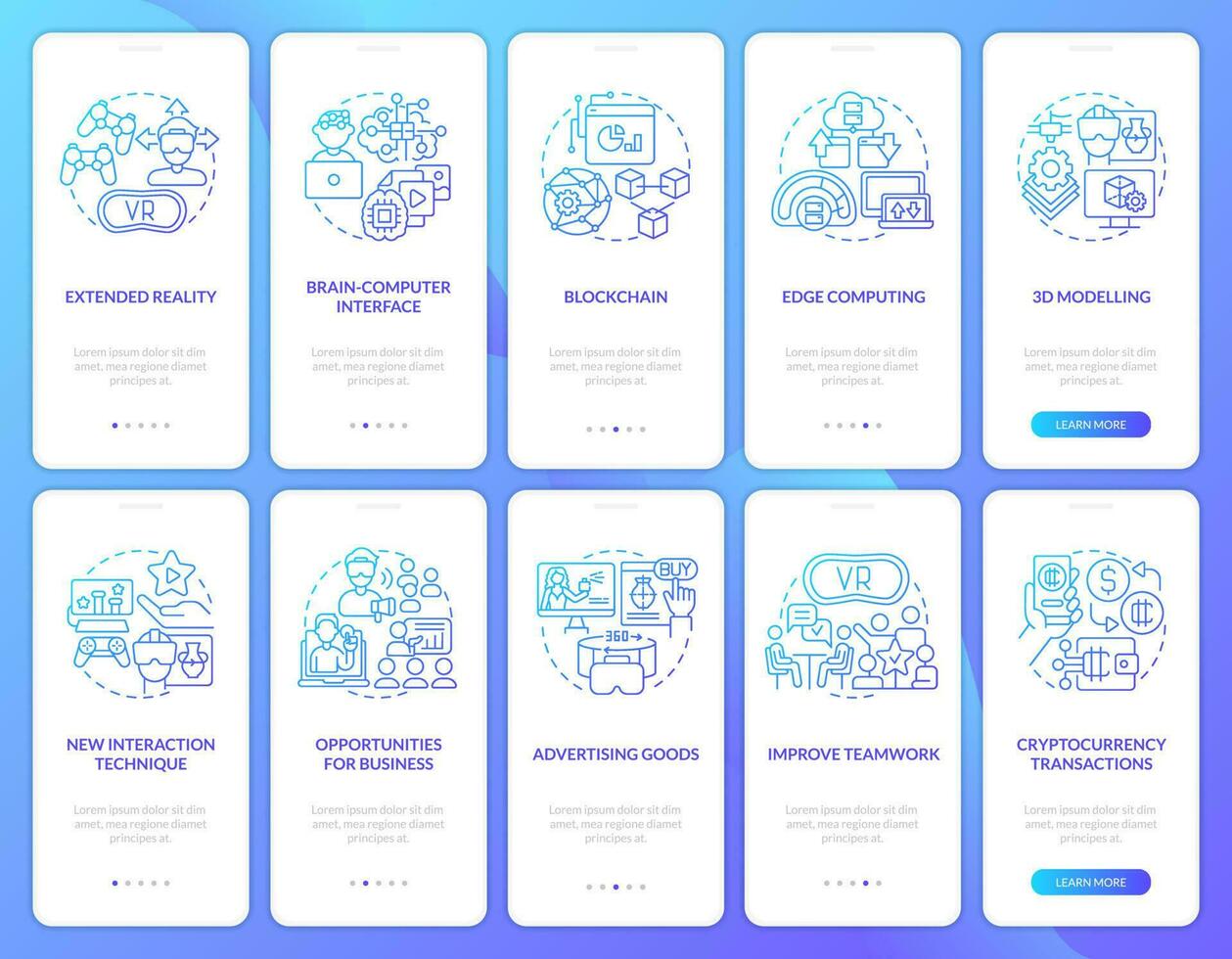 Metaverse for business blue gradient onboarding mobile app screens set. Walkthrough 5 steps graphic instructions with linear concepts. UI, UX, GUI template vector