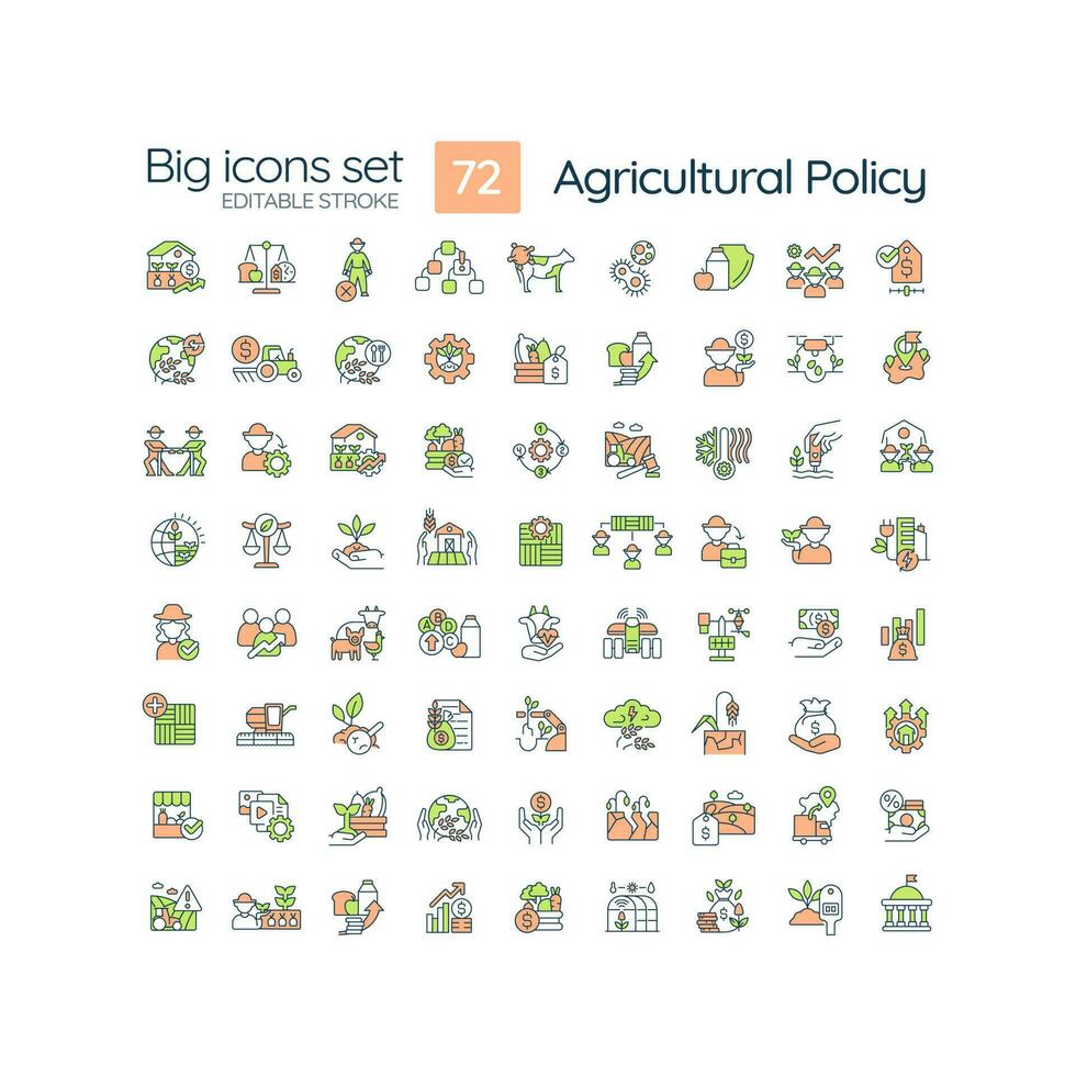 Agriculture policy RGB color icons set. Agribusiness regulation laws. Farmers support programs. Isolated vector illustrations. Simple filled line drawings collection. Editable stroke
