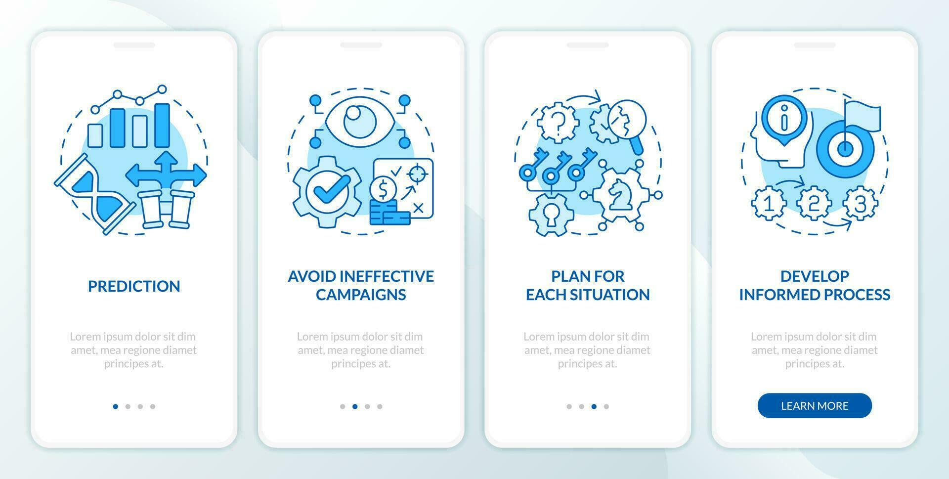 Causal research benefits blue onboarding mobile app screen. Walkthrough 4 steps editable graphic instructions with linear concepts. UI, UX, GUI template vector