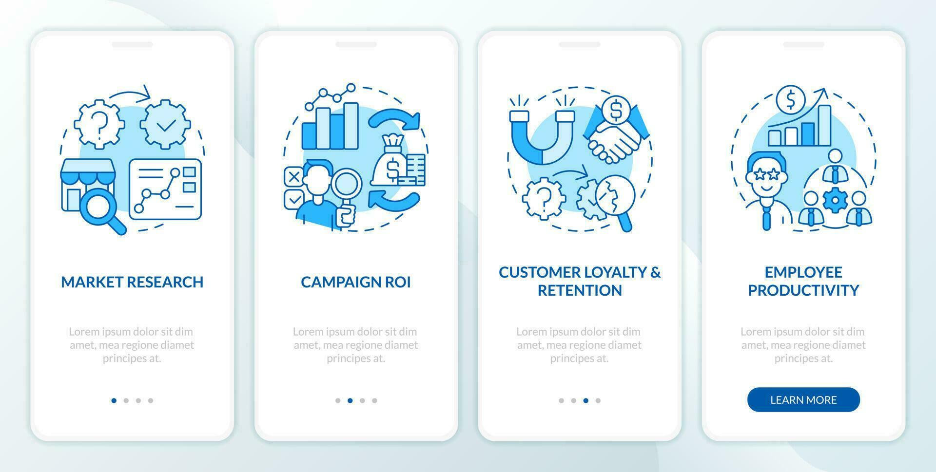 Causal research examples blue onboarding mobile app screen. Walkthrough 4 steps editable graphic instructions with linear concepts. UI, UX, GUI template vector