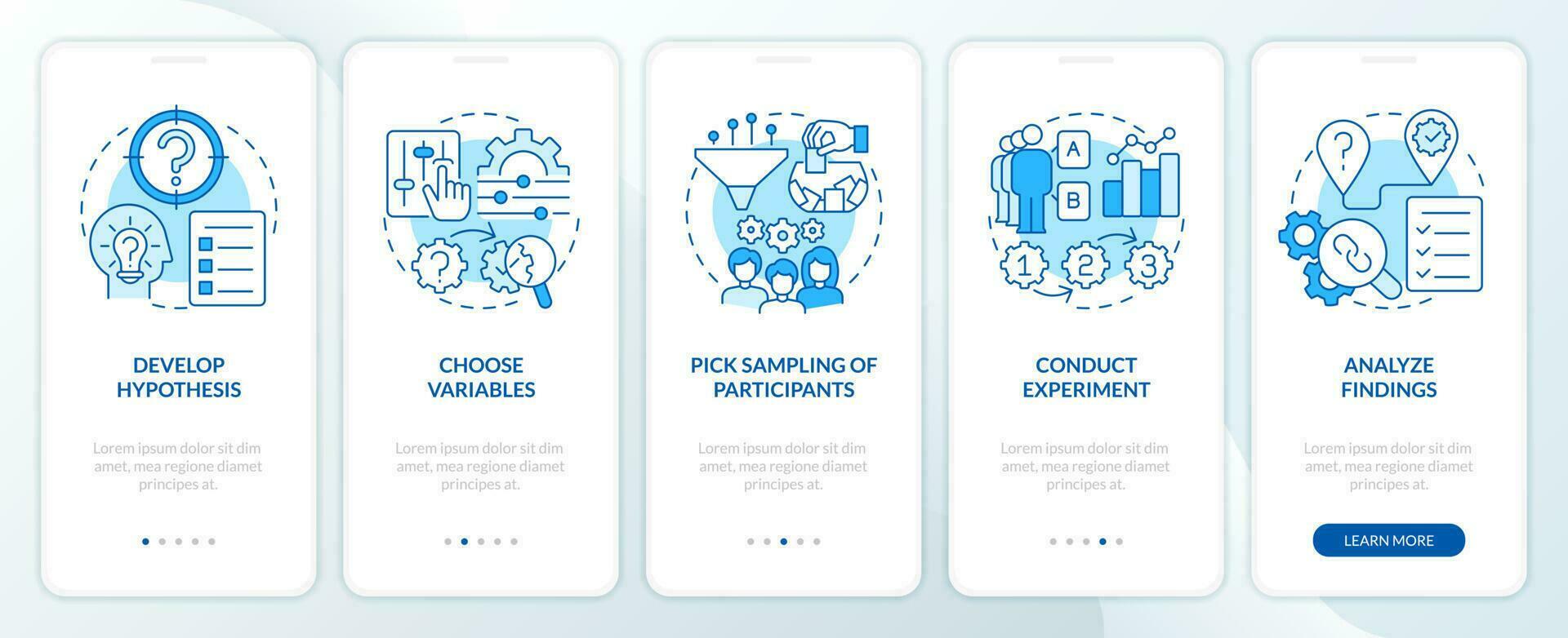 How to conduct causal research blue onboarding mobile app screen. Walkthrough 5 steps editable graphic instructions with linear concepts. UI, UX, GUI template vector