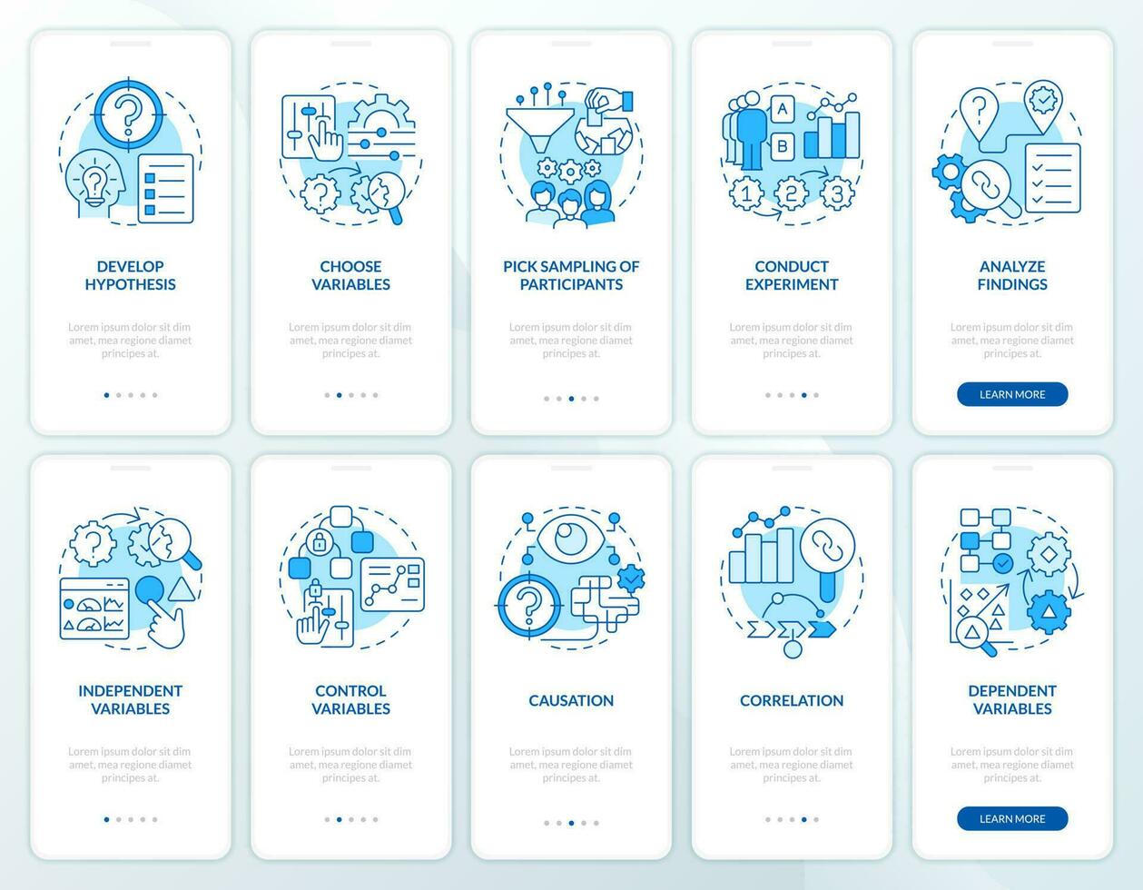 Causal research blue onboarding mobile app screens set. Analytics. Walkthrough 5 steps editable graphic instructions with linear concepts. UI, UX, GUI template vector