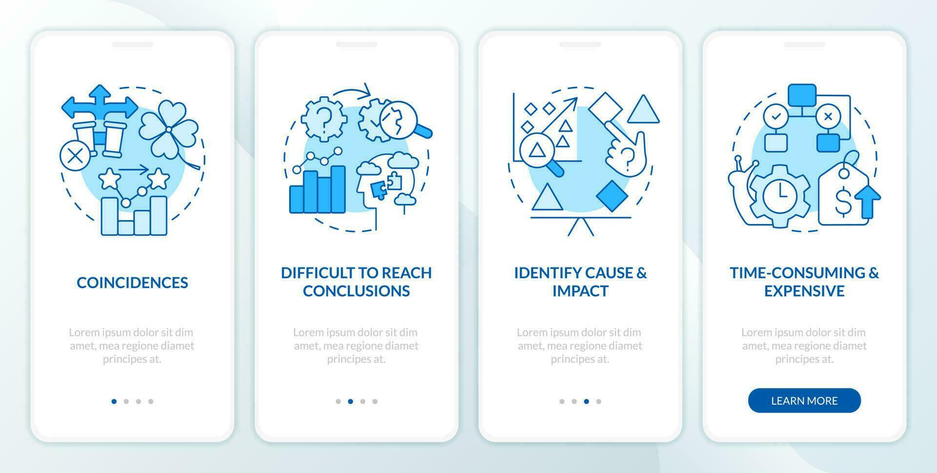 Causal research disadvantages blue onboarding mobile app screen. Walkthrough 5 steps editable graphic instructions with linear concepts. UI, UX, GUI template vector