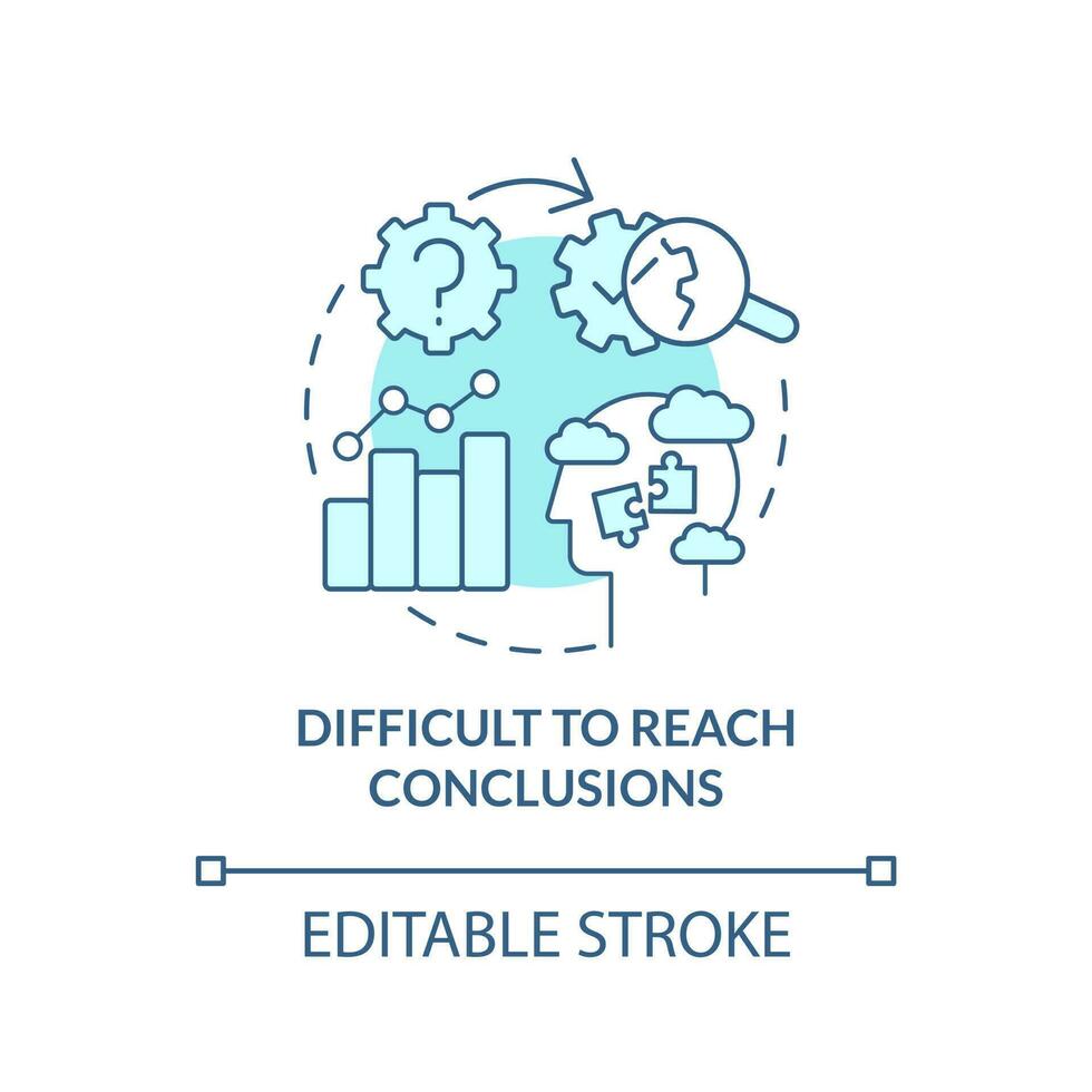 Difficult to reach conclusions turquoise concept icon. Causal research disadvantage abstract idea thin line illustration. Isolated outline drawing. Editable stroke vector