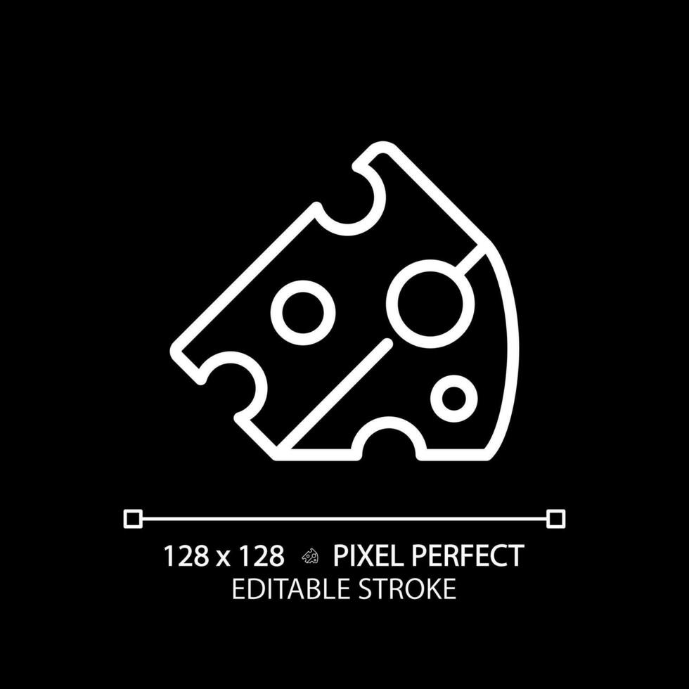 Cheese pixel perfect white linear icon for dark theme. Milk product. Dairy industry. Deli section. Appetizer board. Thin line illustration. Isolated symbol for night mode. Editable stroke vector